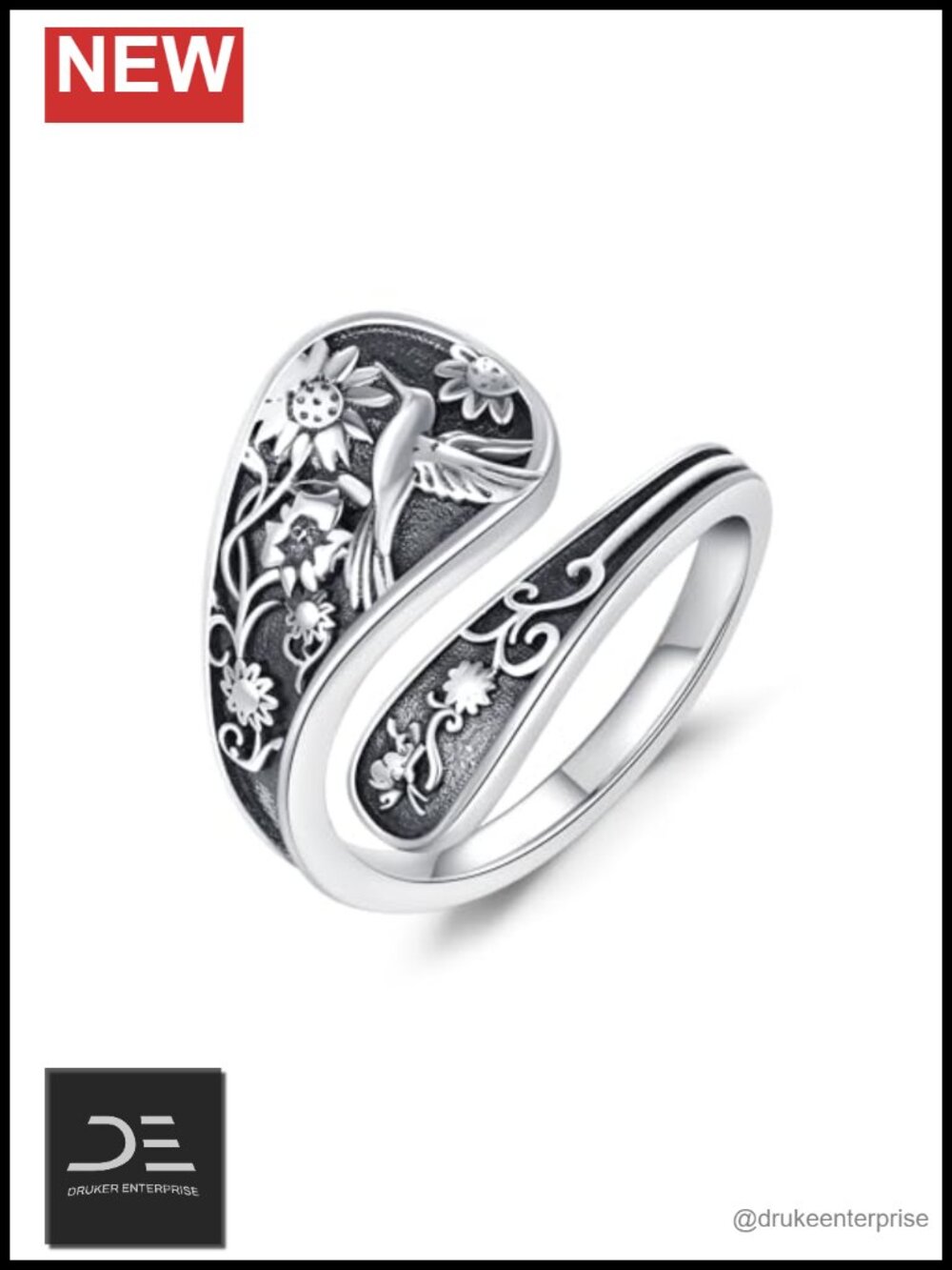 925 Sterling Silver Hummingbird Spoon Ring Adjustable Vintage Thumb Ring